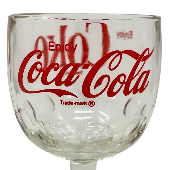 Vintage Enjoy Coca-Cola Retro Glass Thumbprint Goblet Red Logo Print Coke - Picture 5 of 11